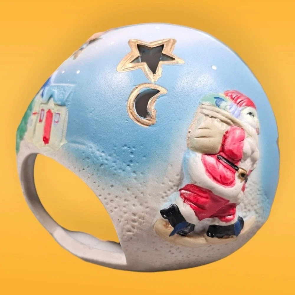 Vintage‎ Santa With Sack Bag Presents Ceramic Votive Holder Trees Stars Toys